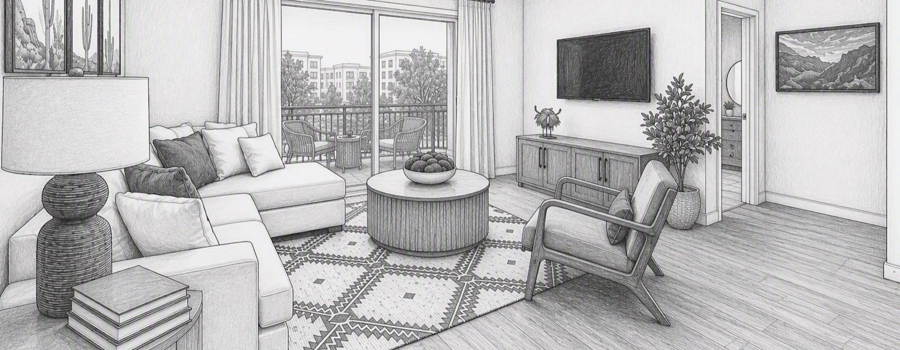 living room area with a connected kitchen