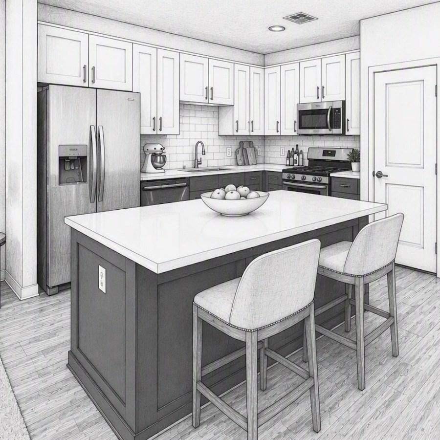 a kitchen with white cabinets